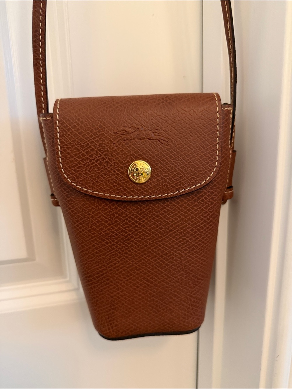 Longchamp Brown Leather Crossbody Case with Gold-Tone Snap